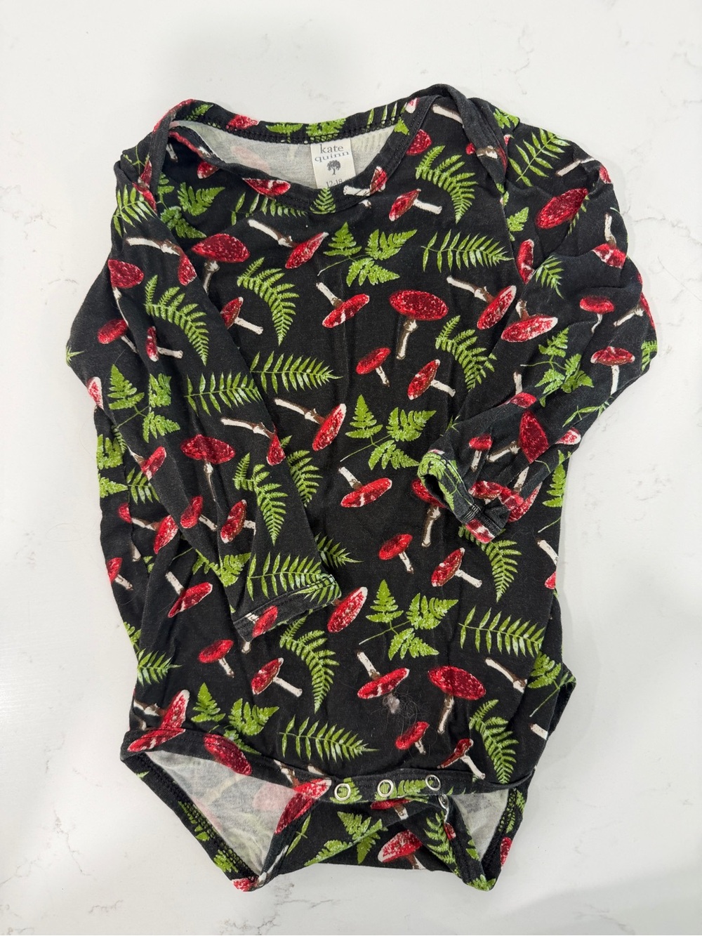 kate quinn Black Long-Sleeve Baby Bodysuit with Red Mushroom & Green Ferns